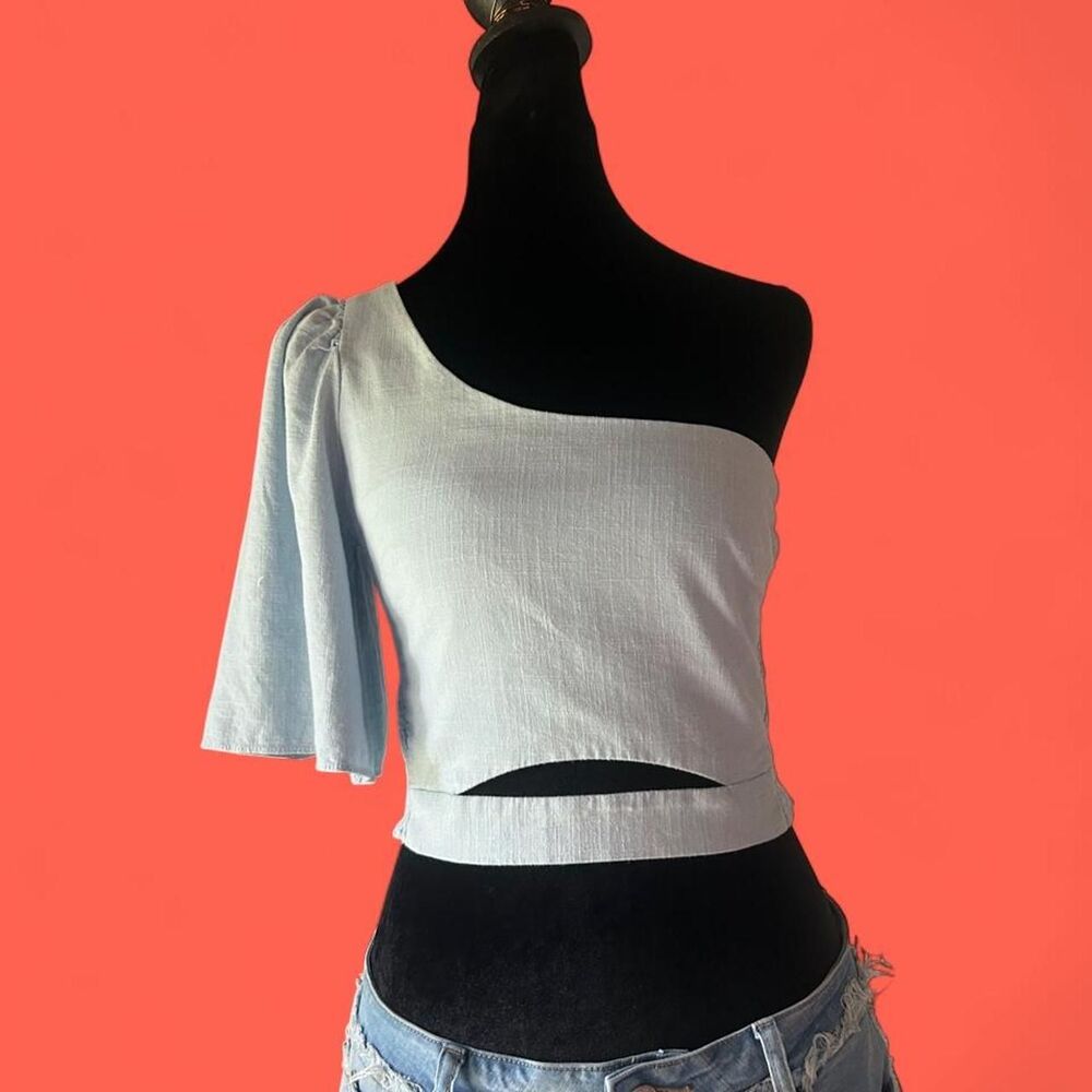 Zara Light Blue One Shoulder Ruffle Crop Top Cutout Y2K